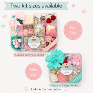 May include: Two clear plastic divided containers labeled Cupcake Bakery Full-Size Kit and Cupcake Bakery Mini Kit. The kits contain pink and white play dough, small glass jars with sprinkles, artificial cherries, flowers, and decorative beads.