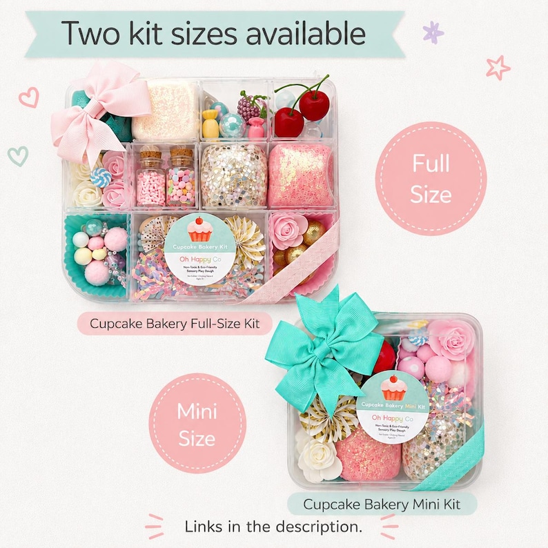 May include: Two clear plastic divided containers labeled Cupcake Bakery Full-Size Kit and Cupcake Bakery Mini Kit. The kits contain pink and white play dough, small glass jars with sprinkles, artificial cherries, flowers, and decorative beads.