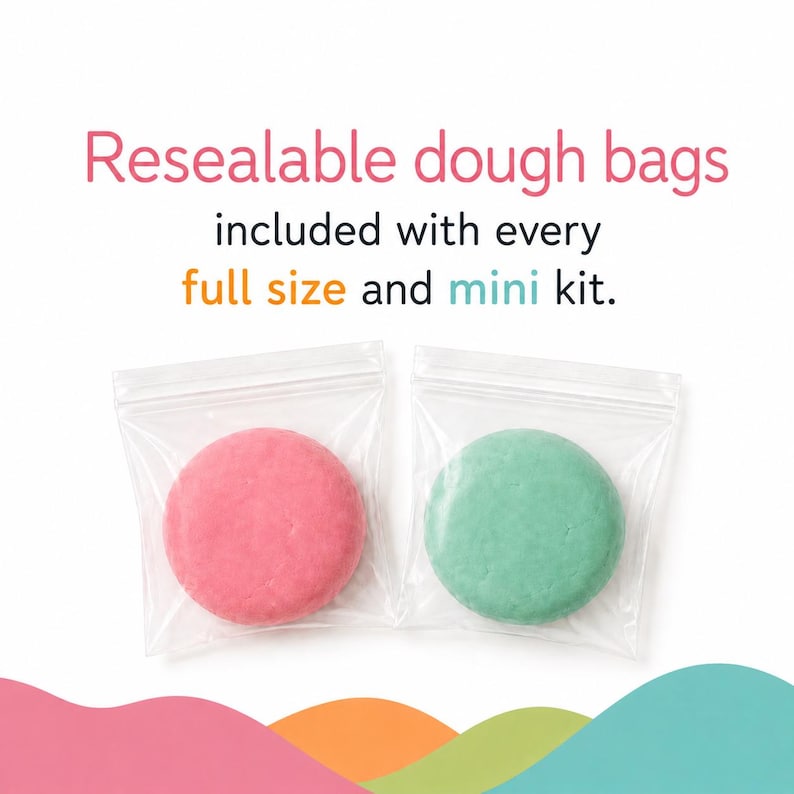 May include: Two clear plastic resealable bags each containing a round disc of dough, one pink and one mint green. The text above reads: Resealable dough bags included with every full size and mini kit.
