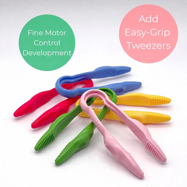 May include: A collection of colorful, easy-grip tweezers in shades of pink, red, green, yellow, and blue. The tweezers are designed for fine motor control development, with text in the image indicating their purpose. The tweezers are made of plastic.
