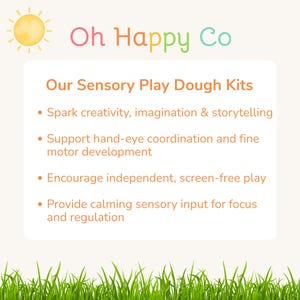 May include: A graphic with the text "Oh Happy Co" and "Our Sensory Play Dough Kits." The text highlights benefits like sparking creativity, supporting hand-eye coordination, encouraging screen-free play, and providing calming sensory input.