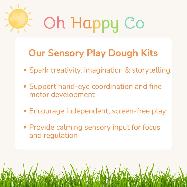 May include: A graphic with the text "Oh Happy Co" and "Our Sensory Play Dough Kits." The text highlights benefits like sparking creativity, supporting hand-eye coordination, encouraging screen-free play, and providing calming sensory input.