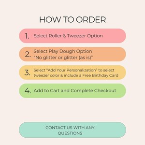 May include: A graphic with instructions on how to order, featuring numbered steps on colorful ovals. The steps include selecting options, personalizing, and completing checkout. The text "HOW TO ORDER" is at the top, and "CONTACT US WITH ANY QUESTIONS" is at the bottom.