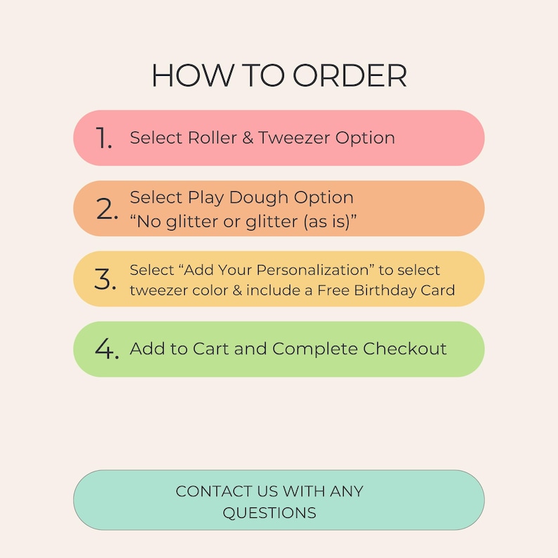 May include: A graphic with instructions on how to order, featuring numbered steps on colorful ovals. The steps include selecting options, personalizing, and completing checkout. The text "HOW TO ORDER" is at the top, and "CONTACT US WITH ANY QUESTIONS" is at the bottom.