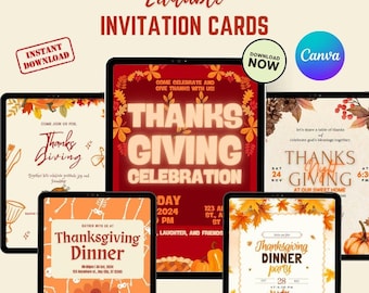 Paquete de plantillas Canva para invitaciones de Acción de Gracias / 6 tarjetas editables para cenas (descarga digital)