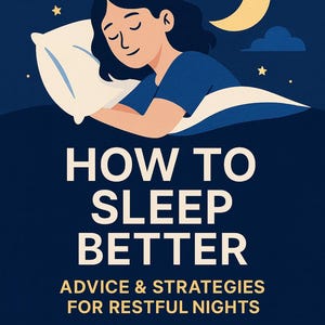 Könnte beinhalten: Illustration einer friedlich schlafenden Person unter einem Mond und Sternen. Der Text lautet "HOW TO SLEEP BETTER" mit dem Untertitel "ADVICE & STRATEGIES FOR RESTFUL NIGHTS" und dem Namen des Verlags.