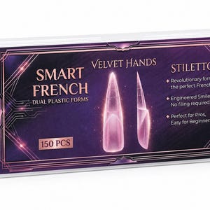 May include: A clear plastic box containing dual plastic nail forms. The box features a label with the text "SMART FRENCH" and "STILETTO". The label also includes the text "VELVET HANDS" and "150 PCS". The forms are designed for the perfect French manicure.