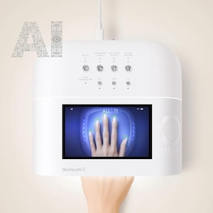 May include: A white nail care device with a digital display showing a hand with manicured nails. The device has a series of buttons and a screen displaying "ALL 75". The word "AI" is displayed in a circuit board font.