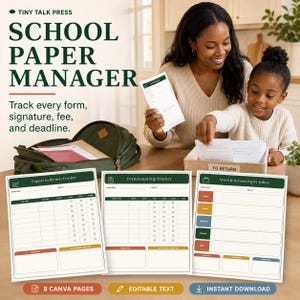 May include: A set of three printable school paper management forms featuring a Papers to Return Tracker, Permission Slip Tracker, and Weekly School Paper Inbox. The documents include tables for tracking forms, signatures, fees, and deadlines.