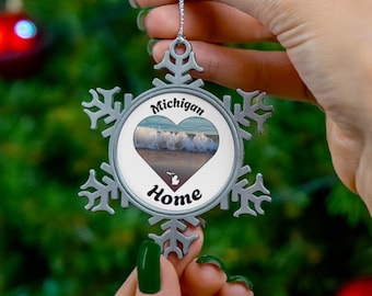 Snowflake Ornament, Michigan is Home Water & Waves Holiday Ornament | 12 color options