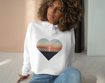 Lake Michigan Sunset Heart. Crop Hoodie. Beach and Water. 6 color options