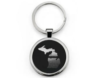 Michigan Lake Sunset Keychain Stainless Steel - Black & White - Multiple Colors