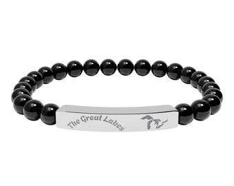 The Great Lakes. Love Michigan. Engraved Bar Bracelet, Natural Stone Beaded Bracelet | Multiple Options