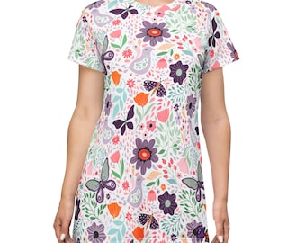 Floral Butterfly Pattern T-Shirt Dress | All-Over Print.