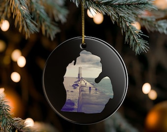 Frankfort Michigan Lighthouse water break Ceramic Ornament | Double-Sided Print. Multiple Colors.