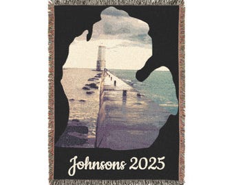 Frankfort Michigan Lighthouse Woven Blanket. Personalizable. 3 size options. Multiple color options