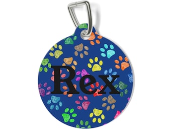 Colorful Paw Print Name Pet Tag - Personalized Dog ID Tag - Many Color Options