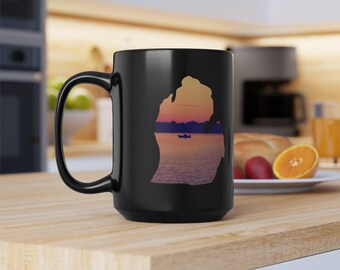 Michigan "The Lone Fisherman" Mug - Black Ceramic Coffee Cup - 2 size options