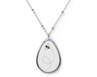 Bee Trail Necklace - Teardrop Pendant with Bee Motif - Silver Plated - Multiple Colors