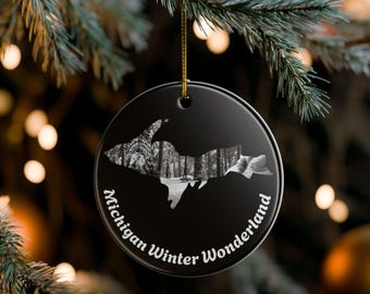Michigan Winter Wonderland Ornament | Ceramic Round Ornament. Upper Peninsula. Multiple colors