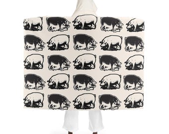 Manta con capucha con estampado de cerdo blanco y negro - Manta con capucha de forro polar Sherpa - Regalo para agricultores - Varios colores