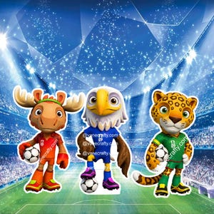 May include: Three cartoon animal mascots standing on a soccer field. A moose in an orange uniform, an eagle in a blue uniform, and a leopard in a green uniform. Each mascot holds a soccer ball. The text vanecrafty.com is visible on each figure.