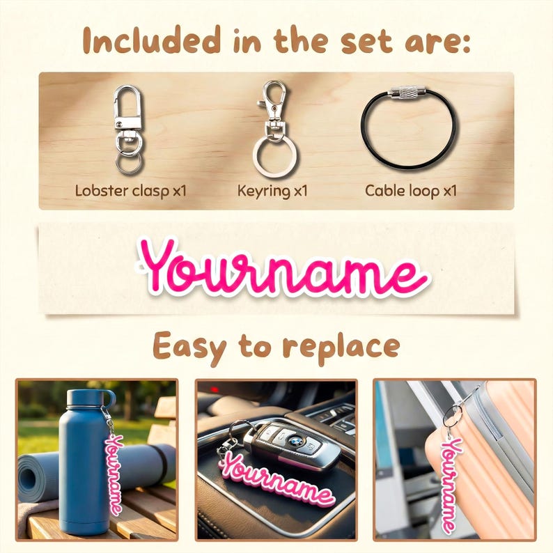 May include: A collection of keychain components: a lobster clasp, keyring, and cable loop. The image also features a blue water bottle, car keys, and a suitcase, each with a "Yourname" tag. The text "Easy to replace" is displayed.