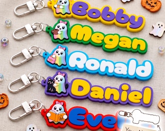 Custom Ghost Name Keychain, Cute Iridescent Ghost Backpack Tag, Personalized PVC Bag Tag for Kids Back to School, Halloween Student Gift