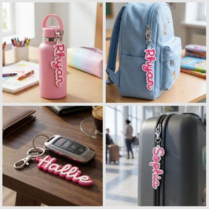 May include: A selection of personalised accessories, including a pink water bottle, a blue backpack, a car key with a keychain, and a suitcase. Each item features a name tag in a cursive font. The names are "Rhyan", "Hallie", and "Sophia".