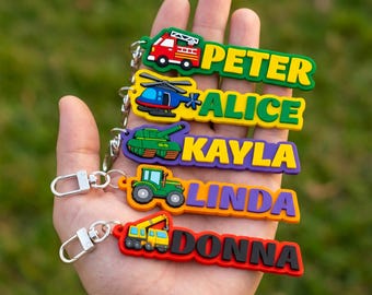 Custom Vehicle Name Tag for Kids Backpack, Personalized PVC Bag Tag, Firetruck Tractor Helicopter Keychain, Boys School Bag Luggage Tag