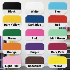 May include: A colour chart displaying rectangular blocks in various colours, each labelled with its corresponding colour name. Colours include black, white, blue, dark yellow, dark blue, red, green, pink, mint green, orange, purple, dark pink, light pink, chocolate, and yellow.