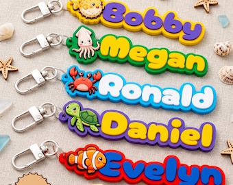 Benutzerdefinierte Name Schlüsselbund, Ozean Tier Taschenanhänger, personalisierte Kinder Gepäck Anhänger, Jungen Mädchen Rucksack Charme, unter dem Meer Party Favor, PVC Schlüsselanhänger