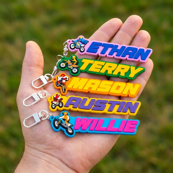 Custom Name Dirt Bike Keychain, Personalized Motocross PVC Bag Charm, Rider Gift Tag
