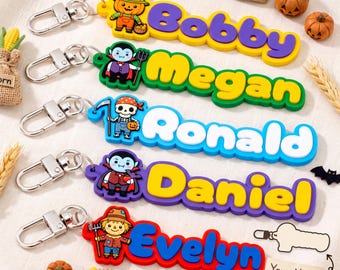 Personalized Halloween Bag Tag, Custom Name PVC Keychain for Kids Backpack, Cute Farmer Ghost Scarecrow Vampire Pumpkin Keyring,Student Gift
