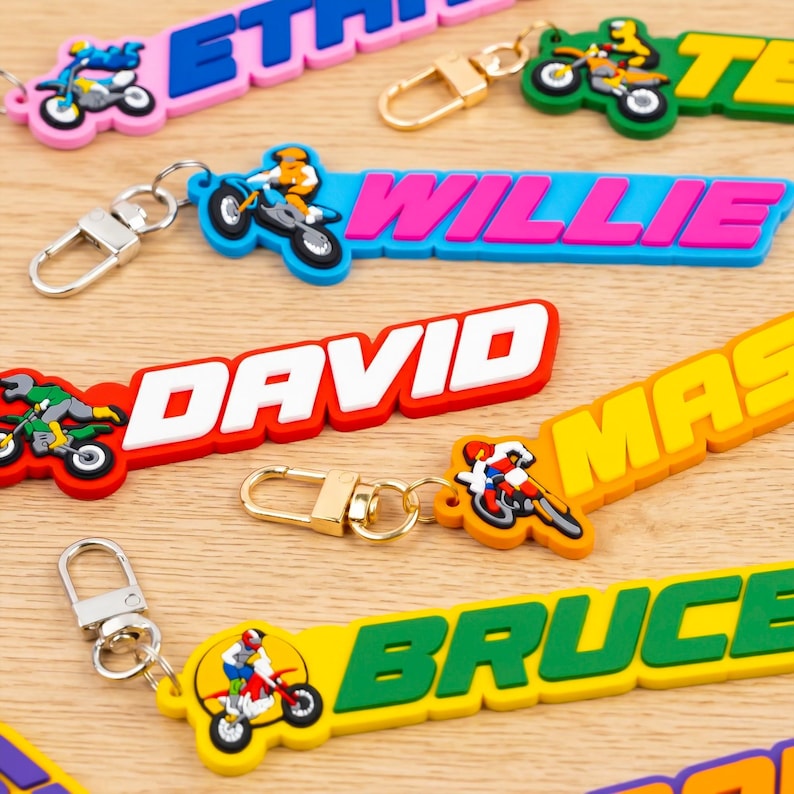 Custom Name Dirt Bike Keychain, Personalized Motocross PVC Bag Charm, Rider Gift Tag image 2