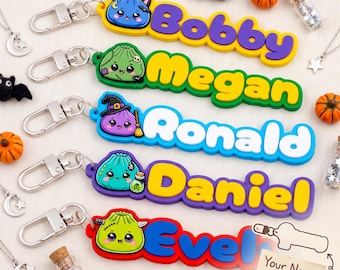 Individuell gestalteter Halloween-Taschenanhänger, personalisierter Kawaii-Schlüsselanhänger in Knödelform für Kinder, süßes Halloween-Geschenk für Schüler, Namensschild für Schulrucksack, Gepäckanhänger