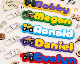 Personalisierter Monster-Truck-Schlüsselanhänger mit Namen, Rucksackanhänger für Kinder, Namens-Schlüsselanhänger aus PVC, Geschenk für Schüler, Schulanfangsanhänger