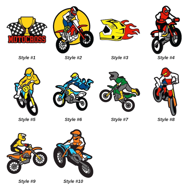 May include: A collection of ten motocross-themed graphics. The designs include a trophy, a helmet with flames, and various riders on motorcycles in action. Each graphic is labeled with a style number.