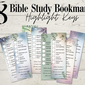 May include: Eight Bible study bookmarks with floral accents and checklist prompts. Each bookmark features a different pastel color scheme and includes text such as "Identity in Christ" and "Joy and Gratitude."