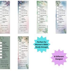 Pode incluir: Conjunto de seis designs de marcadores com detalhes florais e um formato de lista de verificação. Cada marcador apresenta uma cor de fundo diferente e inclui texto sobre virtudes e um versículo bíblico. A imagem também inclui texto que diz "Perfect for Women's Bible Study Groups!"