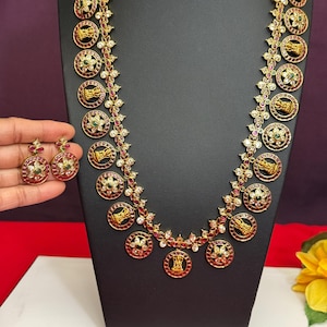 Kemp Bottu Mala Goddess Lakshmi Devi Long Haram with Earrings/Antique Gold Finish