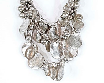 Silver Charm Necklace from LOFT, Discs, Beads and Faceted Crystals, 24 Inches Long