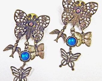 Butterfly and Bird Long Dangle Earrings, Bronze Filigree, Bohemian Style, Posts, Lightweight, Mardi Gras