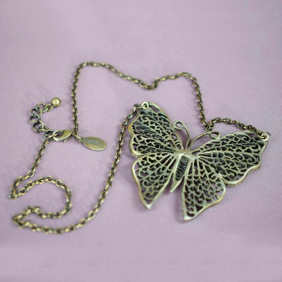 Butterfly Necklace, Antique Silvertone Filigree w… - image 4