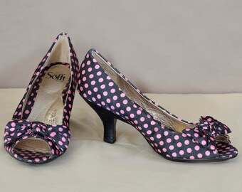 Sofft Black with Pink Polkadot Pumps, Open Toe with Bow, Size 9.5 M