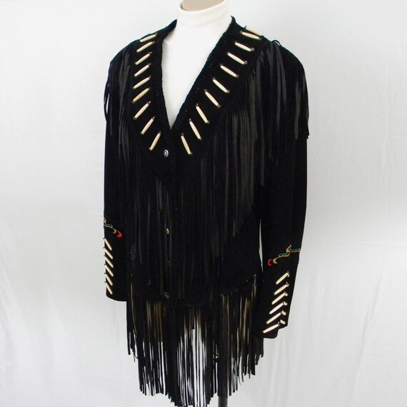 Southwestern Jacket, Black Suede, Long Fringe, Emb