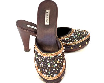 Beaded High Heel Mules, Dark Brown Suede,  Ladies Size 8.5, Pearly, Beads, Sequins, Brass Studs, Silver Gold Copper Wire Braid