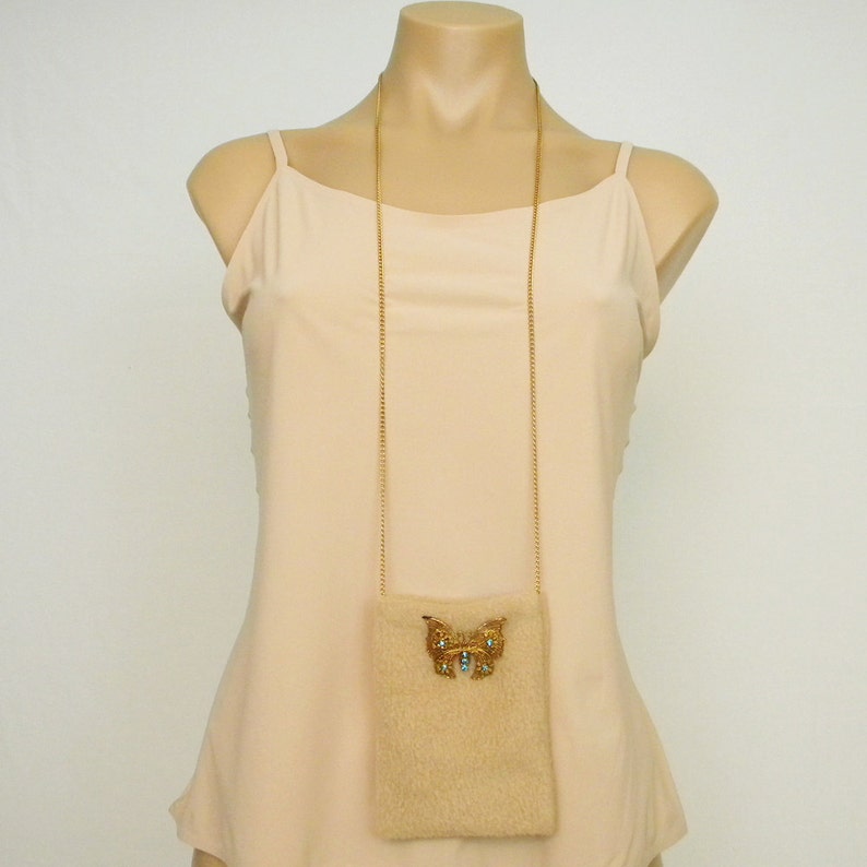 Goldtone Butterfly Brooch Tan Fleece Cell Phone Pouch Small Purse Bag