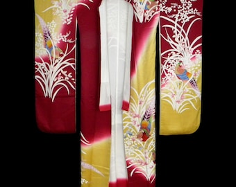 Vintage Japanese Silk Kimono, Wedding Dress, Kakeshita, Furisode, Burgundy with Gold, Birds