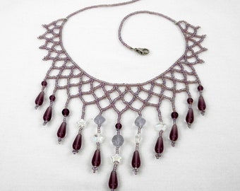 Amethyst Bead Necklace, Russian Netting, Japanese Seed Beads, Glass Teardrops